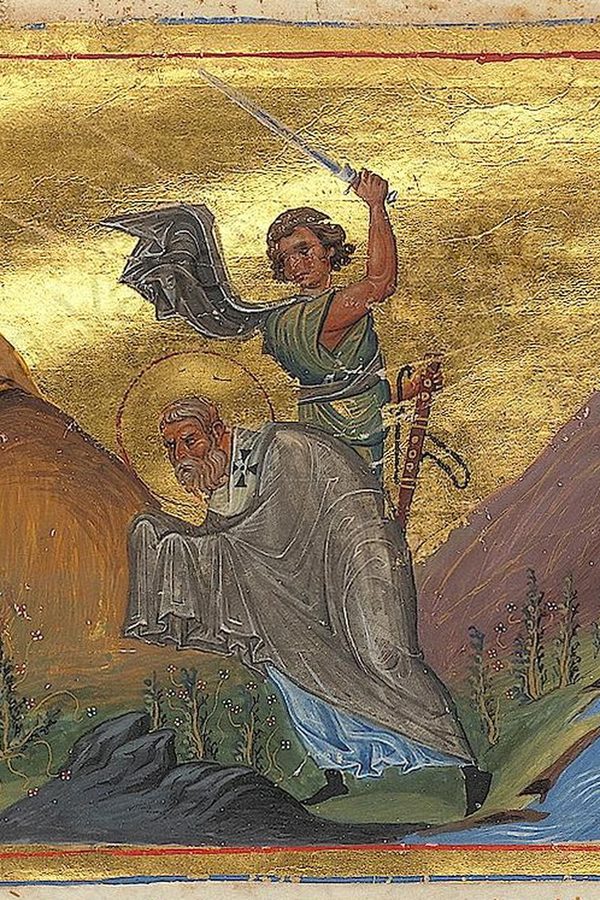 Menologio de Basilio II, «San Cipriano y santa Justina», h. 1000