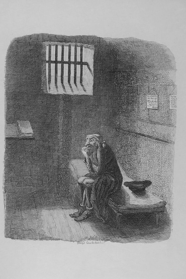 George Cruikshank, «Fagin en la celda de los condenados», 1838